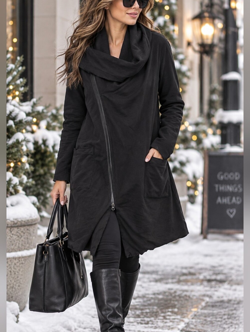 Neon Buddha Black Asymmetrical Zip Trench Coat Lagenlook Size L